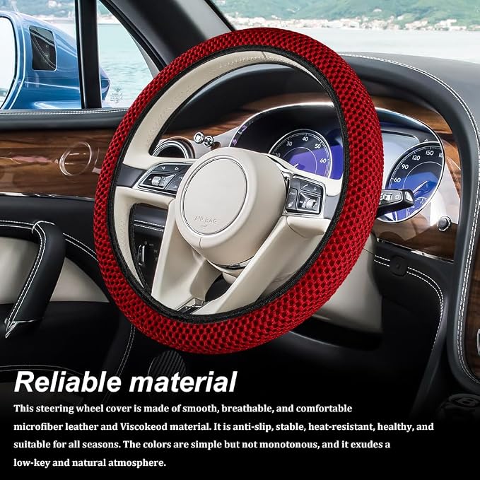 Breathable Elastic Steering Wheel Cover,15 Inch Stretch Steering Wheel Protector,Microfiber Ice Silk Anti-Slip Car Wheel Cover,Odorless Comfort Grip Interior Accessory for Cars SUV Truck（Red）