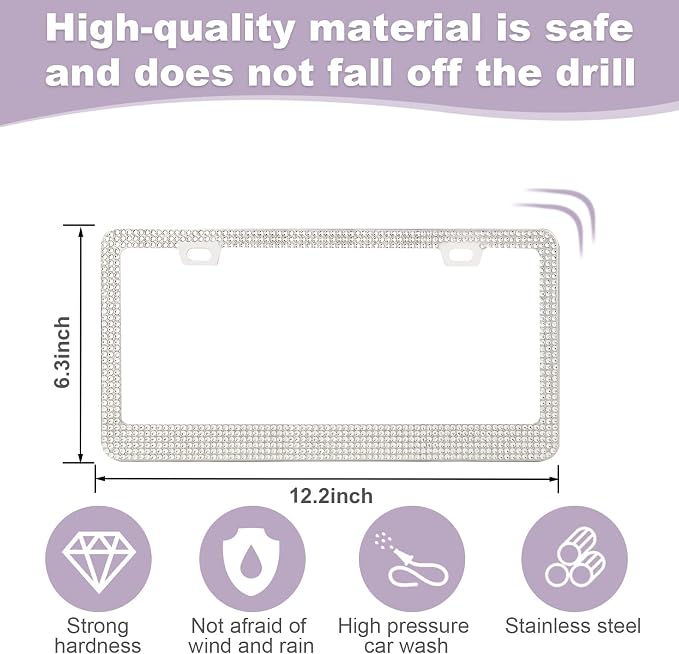 QUANQIUFEI 2 Pack Bling License Plate Frames for Women, Sparkly Rhinestone Diamond Car Accessories with Glitter Crystal Caps (White)