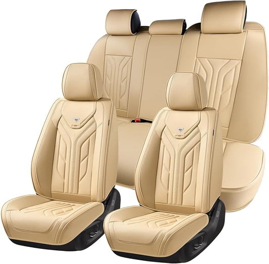 Coverado Car Seat Covers Full Set, Automotive Seat Covers Car Seat Protector Car Seat Cushion, Waterproof Leather Seat Covers for Cars, Universal Fit for Most Sedans SUV Pick-up Truck(Beige)