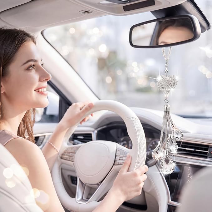 Frienda Bling Car Rear View Mirror Accessories for Women Gift Cute Heart Crystal Hanging Charm Diamond Decoration Lucky Interior Ornament Pendant(9.8 Inch,White)