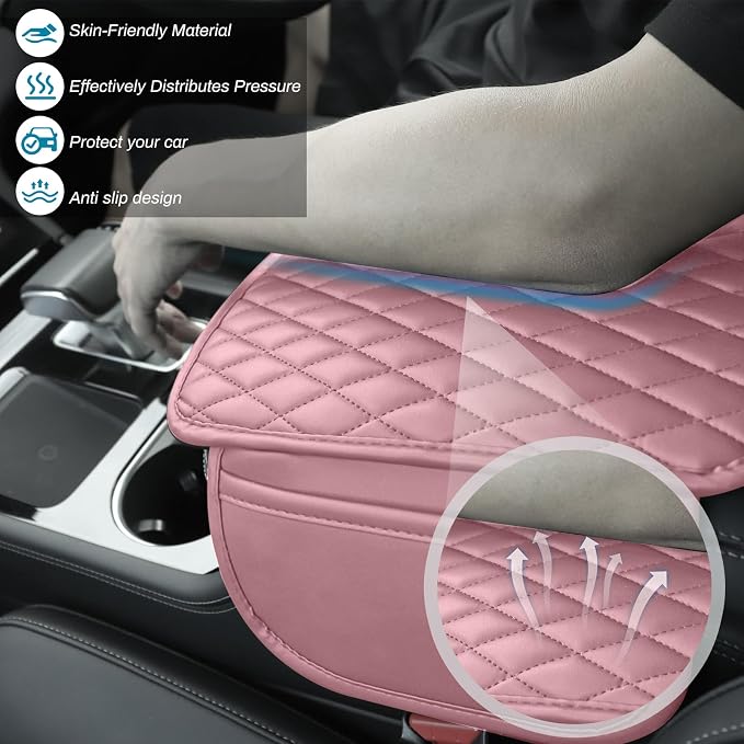 Ouzorp Car Center Console Cover, Upgraded Microfiber Leather Car Arm Rest Cover with 2 Storage Bags Universal Armrest Cover for Car Storage Box Car Interior Accessories Protector for Most Vehicle-Pink