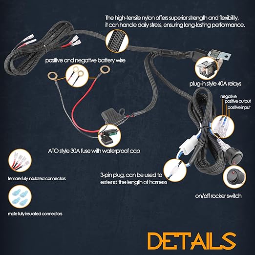 Wiring Harness 2 Lead, Nirider 12V 40A Rocker Switch Relay Fuse Nylon Wiring Harness Kit for LED Light Bars Fog Lights Work Lights Driving Lights Offroad LED Pods Wire Kit for Truck UTV ATV Boat