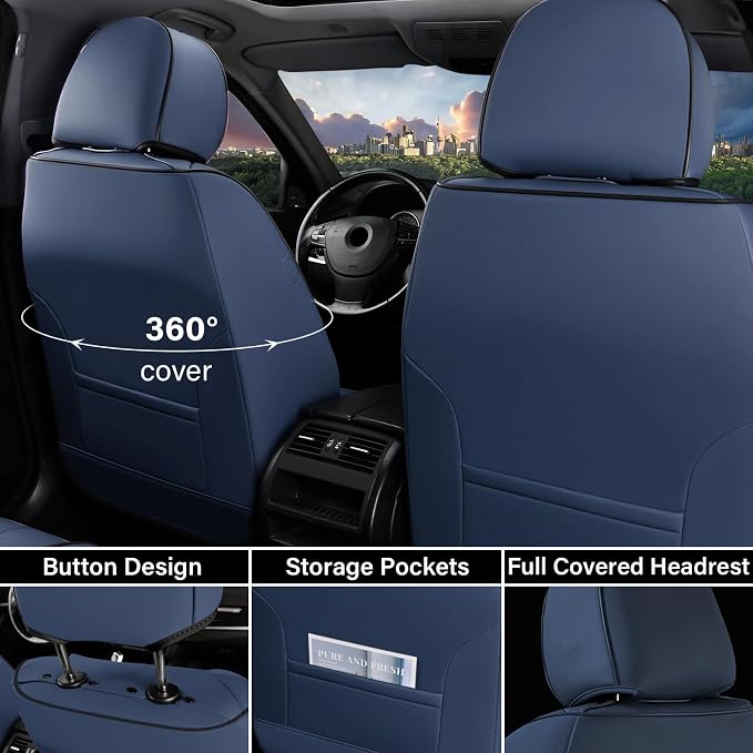 Coverado Car Seat Covers Full Set, Leather Seat Covers for Cars, Waterproof Automotive Seat Covers Car Seat Protectors Car Accessories Universal Fit for Most Sedans SUV Pick-up Truck(Blue&Beige)