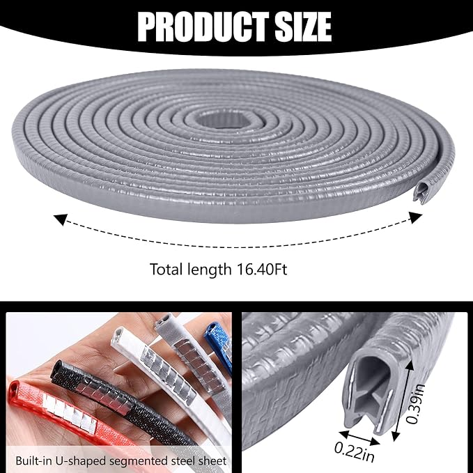 Wuyaoyao 16.4Ft (5M) Car Door Edge Guards, Rubber U Shape Automotive Door Entry Guard Protector Strip, No Glue Required, Universal Vehicle Doors Edge Trim, Exterior Car Accessories (Gray, 16.4FT)