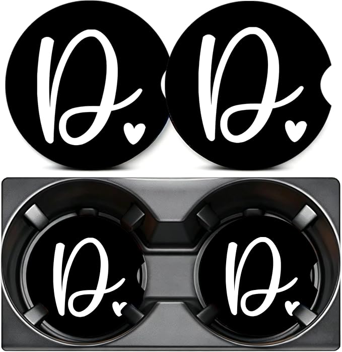 2PCS Letter D Car Cup Holder Coasters,Simple Initial Car Coasters Cars Accessories Interior Decor Universal Neoprene 2.75" Anti-Slip Rubber Mat with Finger Slot,Monogram Gifts for Women, Men, Driver