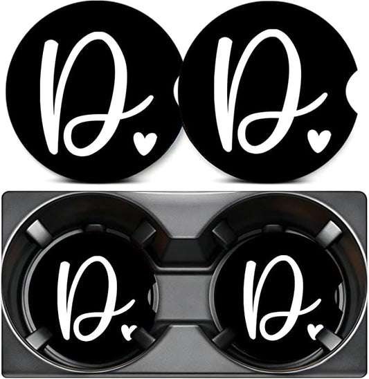 2PCS Letter D Car Cup Holder Coasters,Simple Initial Car Coasters Cars Accessories Interior Decor Universal Neoprene 2.75" Anti-Slip Rubber Mat with Finger Slot,Monogram Gifts for Women, Men, Driver