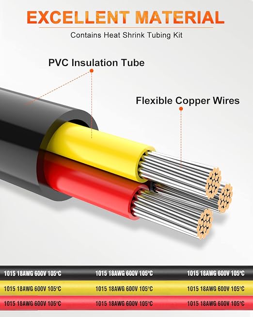 NAOEVO 18 Gauge Wire 3 Conductor Electrical Wire, 18 AWG Stranded PVC Cord, 12V Low Voltage/Tinned Copper/Flexible Cable for Automotive Wiring, Lamp Cord, Marine Cable (30FT)