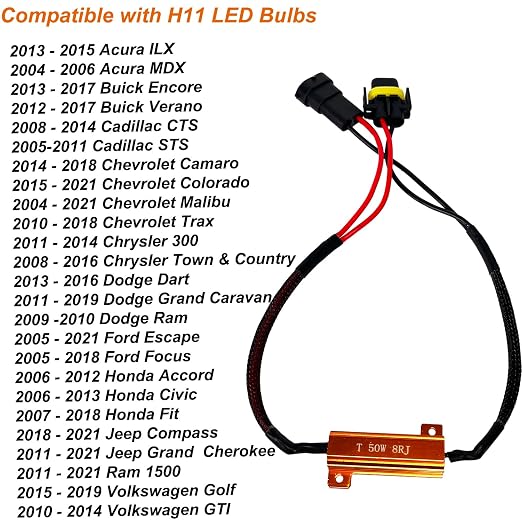 O-NEX LED Load Resistor Kit 50W 8ohm Headlight Bulb Relay Harness Adapter Anti Flicker Error Decoder Warning Canceller - H11 (H8, H9)