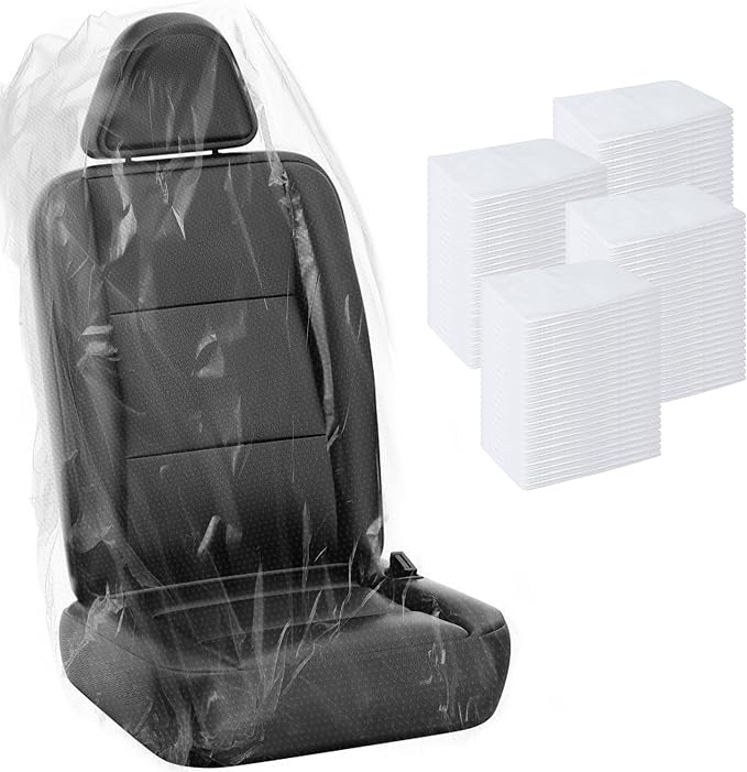 MYFAMIREA 100 PCS Disposable Car Seat Covers Clear Plastic Vehicle Seat Protector, Plastic Seat Covers Protector Universal Water Resistant and Stain Resistant for Cars Auto Truck Bus Airplane