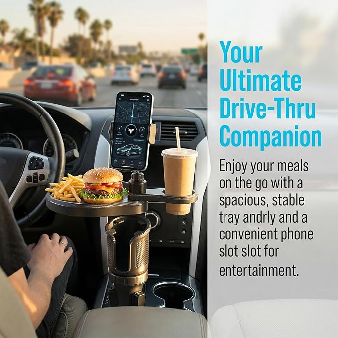 Car Cup Holder Tray, 3 in 1 Multifunctional Vehicle Food Water Bottle Phone Holder Expander Adapter with Adjustable Base, Detachable Auto Interior Food Tray Table, Universal Fit (Carbon Fiber)