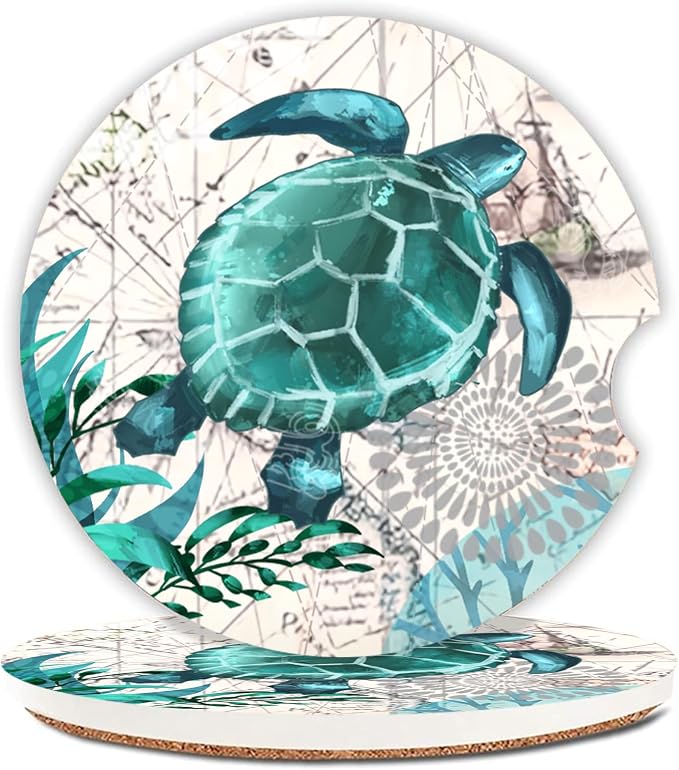 2 Pack Sea Turtles Pattern Absorbent Car Coasters for Cup Holders,2.56" Ceramic Coasters with Cork Back and Finger Slot,Auto Accessories for Women & Men.