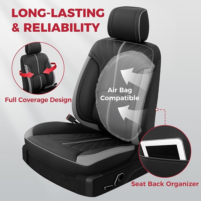 FREESOO Leather Seat Covers for Ford F150 SuperCrew 2015-2026 Front Seats | Fits F250/F350/F450 Super Duty 2017-2026, Custom Fit, Waterproof, Bucket Seat, Airbag Compatible, Lumbar Support, Easy-clean