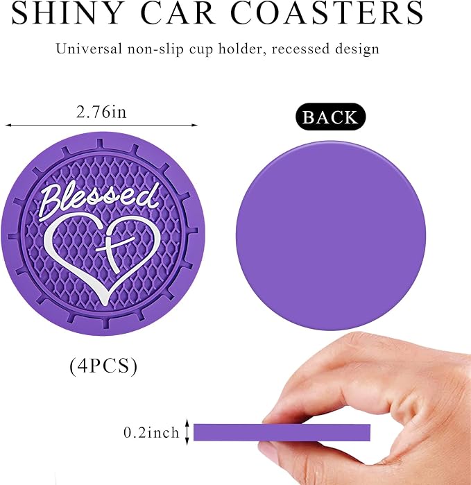KVAEY 2 PCS Car Cup Holder Coasters, 2.76 Inch Anti Slip Vehicle Drink Mats with Cute Blessed Cross and Heart, Shockproof, Universal Car Accessories (Purple, 4 PCS)