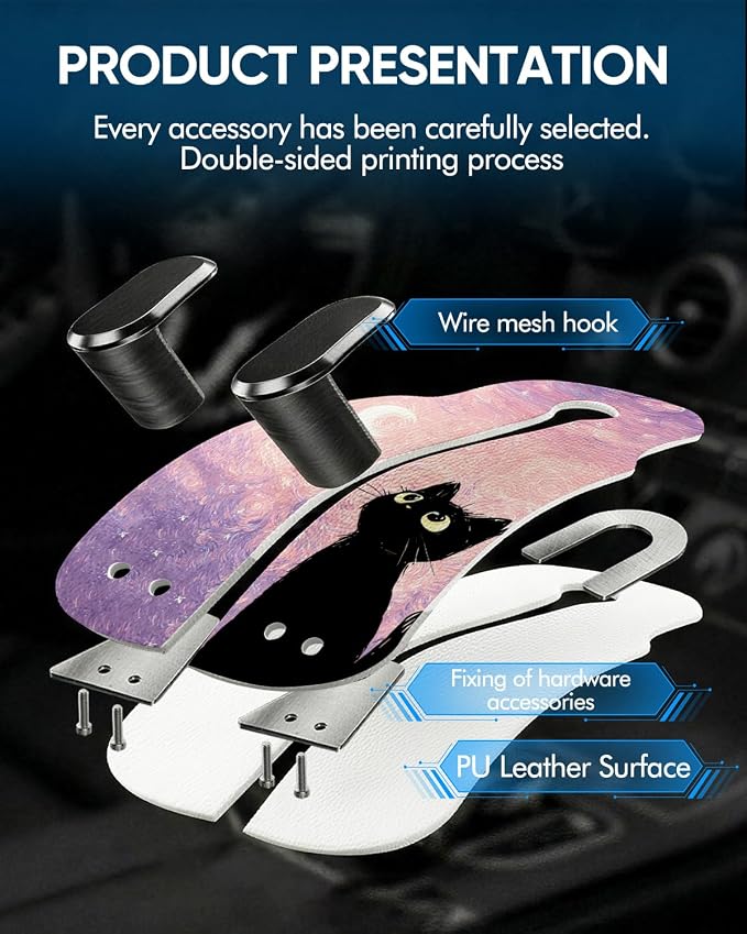 WOCOCN Purse Holder for Car, 2 Pack Heavy Duty Purse Hanger for Car, PU Leather Car Seat Hooks for Purses and Bags, Cute Pink Starry Sky Cat Headrest Organizer for Handbags & Backpacks