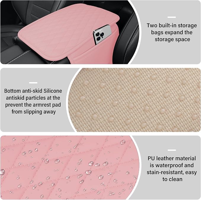 Amiss Car Center Console Cover, Upgraded Leather Car Armrest Cushion with 2 Storage Pockets, Universal Waterproof Cushion Pad, Non-Slip Car Interior Accessories, Fits Most Sedans SUVs Trucks (Pink)