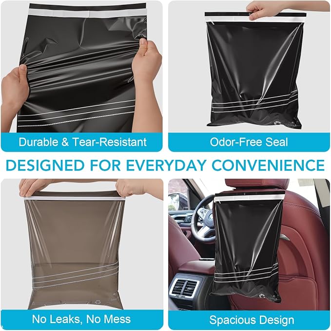 50 Pcs Disposable Car Trash Bags – Leakproof & Odor-Lock 2 Gallon Hanging Auto Garbage Bags – Hanging from Headrest/Easy Stick-On Trash Can for Car, Truck, SUV, Travel & Ride-Share