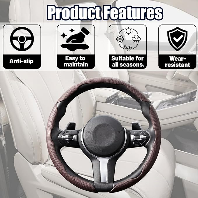3PCS Car Steering Wheel Cover, 14.5-15" Breathable Nappa Leather Segmented Steering Wheel Protector with Non-Slip Grip, Stylish Auto Decor Accessories, Universal for Vehicles (Dark Brown)
