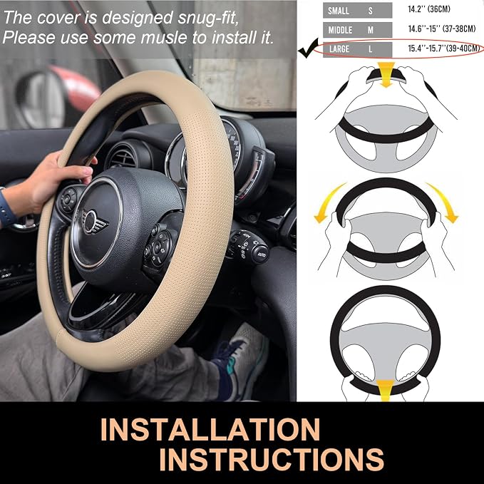 PINCTROT Large Size Nappa Leather Steering Wheel Cover, Slim Fit No Bulk Design, One Piece Leather with Breathable Perforation, Fit Like Gloves, 15.5-15.75 Inch(Nappa Light Taupe)