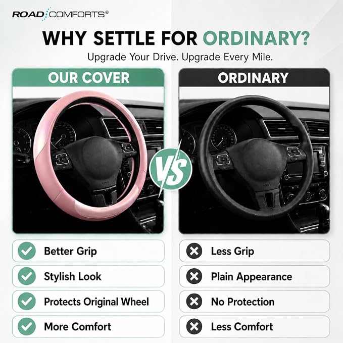 Road Comforts Steering Wheel Cover – Breathable Leather Steering Wheel Cover, Anti-Slip Grip, Universal Fit 14.5” to 15”, Heat & Cold Resistant for Cars, SUVs, and Trucks – Shining Pink & Pink
