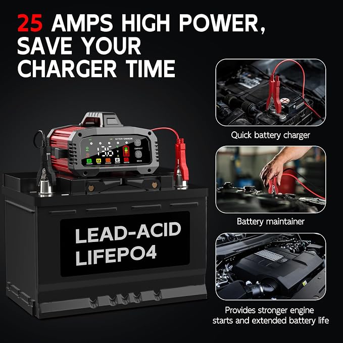 Battery Charger 25A Smart Trickle Charger Maintainer 12V/24V LiFePO4 | Car battery charger Lead Acid Compatible with Temperature Compensation for Car Truck Motorcycle Lawn Mower Boat