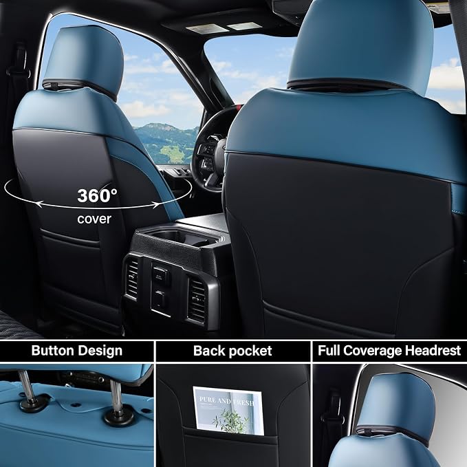 Coverado Chevy Chevrolet Silverado GMC Sierra Seat Covers Full Set, Fit for 2007-2013 & 2019-2026 1500, 2020-2026 2500HD 3500HD Crew Double Extended Cab, Faux Waterproof Leather Seat Covers (Blue)