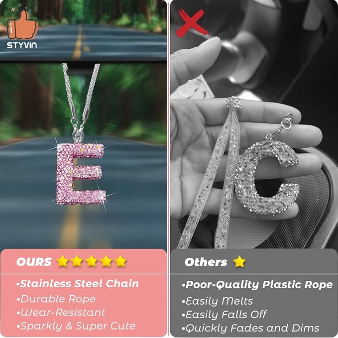 Bling Pink Car Accessories for Women Letter Charm, Rainbow Color Rear View Mirror Cute Crystal Pendant Car Decorations, Lucky Gifts Diamond Rhinestone Charm Letter E