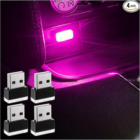 Augeny 4 PCS USB LED Car Interior Atmosphere Lamp, Plug-in USB Decor Night Light, Portable Auto Ambient Lighting Kit, Universal Vehicle Interior Accessories for Most Cars (Purple)