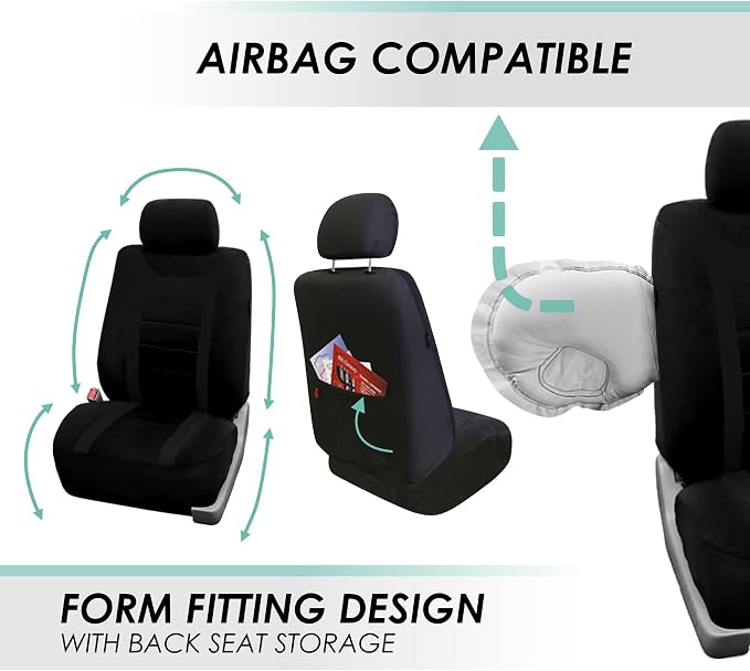 FH Group Car Seat Covers Sports Fabric Three Row Set Black Automotive Seat Covers, Airbag and Split Rear Car Seat Cover Universal Fit Interior Accessories for Cars Trucks and SUV Car Accessories