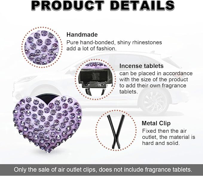 2Pcs Bling Crystal Heart Charms Car Air Vent Clips, Universal Car Interior Decoration Accessories (Purple)