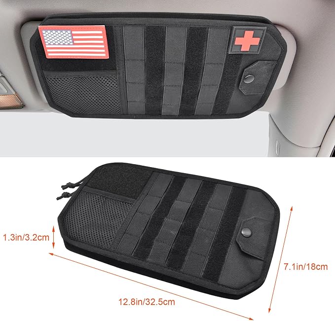 1000D Sun Visor Organizer Fits Most Car, SUVs, and Trucks | with Zipper Visor Storage Pouch, Car Sunglasses Holder, Hard Molle Panel for Tactical Gears