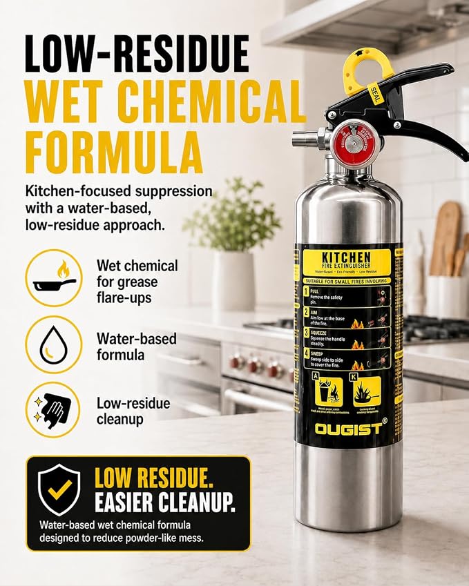 Ougist Class K Fire Extinguisher for Kitchen, 1-A:K, 40 Fl Oz Wet Chemical | For Small Cooking Oil and Grease Fires with Quick-Pull Access and Easier Cleanup for Kitchen and Food Truck Use