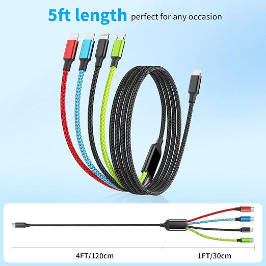USB C Multi Charging Cable, 4 in 1 Charging Cords with Dual USB C Ports | USB C Input with IP, Dual USB C & Micro Ports, Nylon Braided Phone Charger for Multiple Devices, Travel Essentials