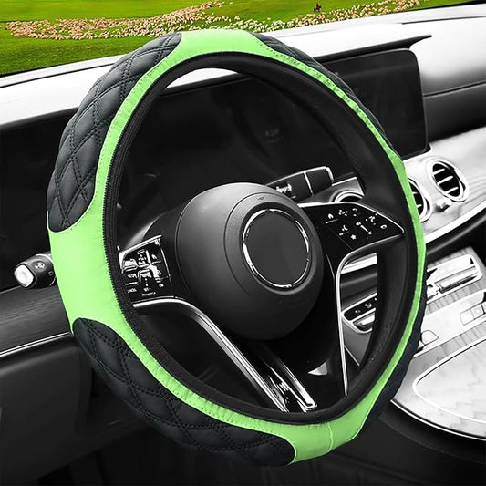 15 Inch Leather Steering Wheel Cover, Automotive Accessories Breathable Anti-Slip Elastic Soft Wheel Protector, Fit for Most SUVs Trucks and RVs (Green)