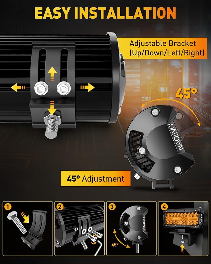 NAOEVO 7 Inch Amber LED Light Bar, 240W 24,000LM Offroad Fog/Driving Lights LED Pods with 2 Leads Wiring Harness Kit, Spot & Flood Work for Truck Boat UTV ATV, 2-Pack (Amber)