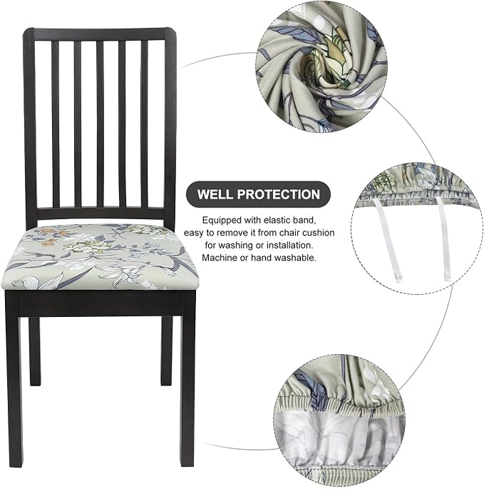 SearchI Seat Covers for Dining Room Chairs Stretch Printed Chair Seat Covers Set of 4, Removable Washable Upholstered Chair Seat Protector Cushion Slipcovers for Kitchen, Office(Green Flower)