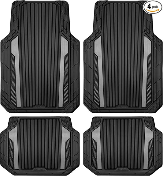 CAR PASS Heavy Duty Rubber Car Mats Metallic, Aluminum Film All Weather Floor Mats Waterproof Universal Trim to Fit Automotive SUV Sedan Van Truck 4 Piece Deep Dish Two-Tone Sporty Black Gray Chrome