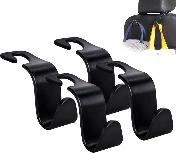 Amooca 4-Pack Car Headrest Hooks –Holds 55lbs Vehicle Storage Organizer for Purses Handbags Groceries Backpack Coats 360° Rotating Black