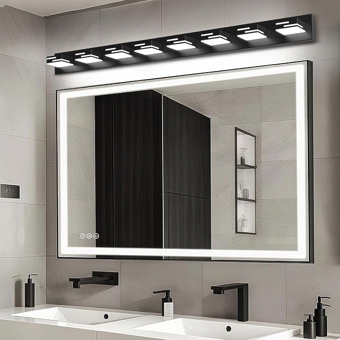 LED Modern Bathroom Vanity Light Fixtures, Dimmable Matte Black Vanity Lights for Bathroom Lighting Fixtures Over Mirror, with 360° Rotatable Acrylic Heads 8-Light 54-inch (Cool White 6000K)