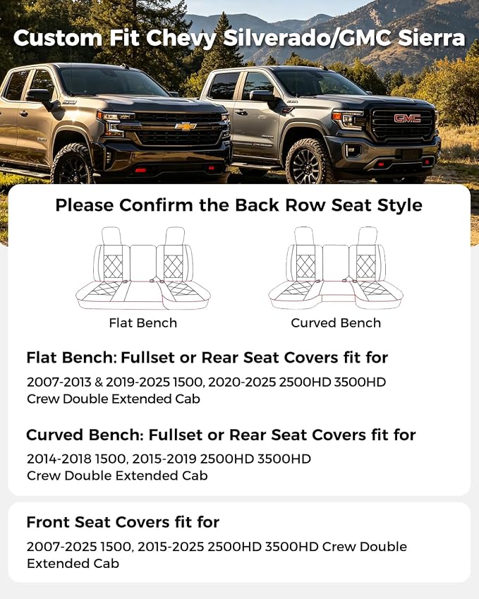 Huidasource Fit for Truck Seat Covers Chevy Silverado/GMC Sierra, Chevrolet Seat Covers, 1500 2007-2013&2019-2026, 2500HD 3500HD 2020-2026 Crew Double Extended Cab, Thickened Nappa Leather Black&White