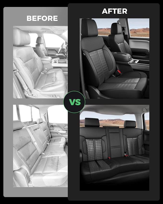 Custom Leather Seat Covers for 2014-2018 Sierra/Silverado 1500 | Only Crew Cab, Fits 2500/3500HD 2015-2020, no Rear Armrest/Seatback Storage, Waterproof, Scratch-resistant, Easy-clean