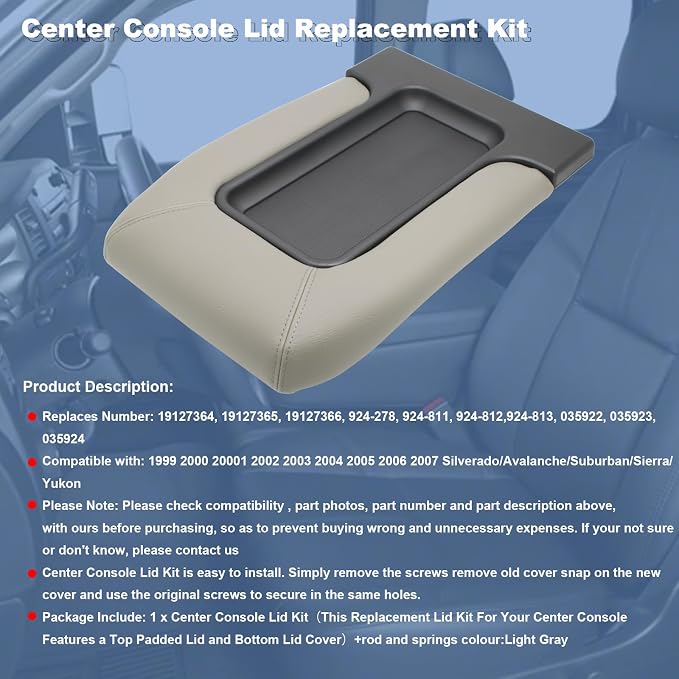 NHILES Center Console Lid Compatible with 1999-2007 Silverado Sierra | Fits 1999-2007 Avalanche Suburban Yukon Tahoe, Replaces OEM 19127364 19127365 19127366, Leather Cover, Light Gray