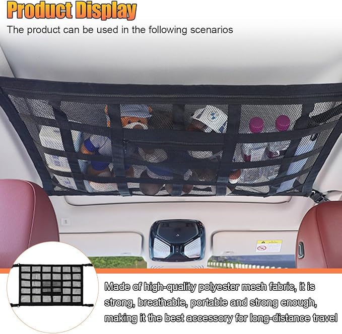 Car Ceiling Cargo Net Pocket, 30" x 21.2" Strengthen Load Bearing & Double-Layer Mesh Vehicle Roof Storage Organizer, Universal Reliable Auto Camping Interior Accessory for Cars Truck SUV