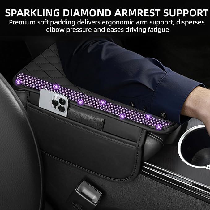 NBTEPEM Bling Car Center Console Cover, Leather Car Arm Rest Cover Cushion with 2 Storage Bags, Universal Auto Armrest Protector Storage Box, Bling Accessories Interior for Most Vehicles (Purple)