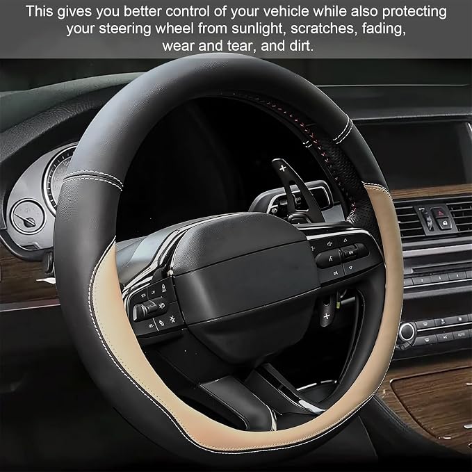 Leather Steering Wheel Cover, Anti-Slip Full Surround Car Wheel Protector with Comfortable Grip, Universal Elastic Decorative Cover Fit for 14 1/2-15 Inch Steering Wheels (Beige)
