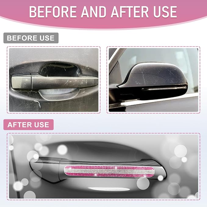 10 PCS Bling Car Door Handle Protector, Shiny Crystal Rhinestone Anti-Scratch Universal Cars Door Handle Protective Cover, Glitter Automotive Exterior Accessories for Women (Pink and White)