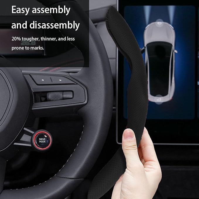 Car Steering Wheel Cover, O/D Shape, Nappa Leather, Segmented, Anti-Slip, Odorless, Breathable, for Men & Women, 14-15inch (Black)