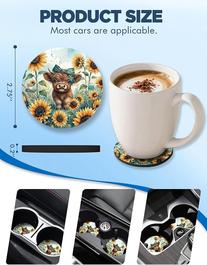 WOCOCN Car Coasters for Cup Holders - 2 Pack 2.75" Universal Rubber Car Cup Coaster, Non-Slip Waterproof Car Interior Accessories, Cute Car Decor Gifts for Women and Men (Calf & Sunflower)