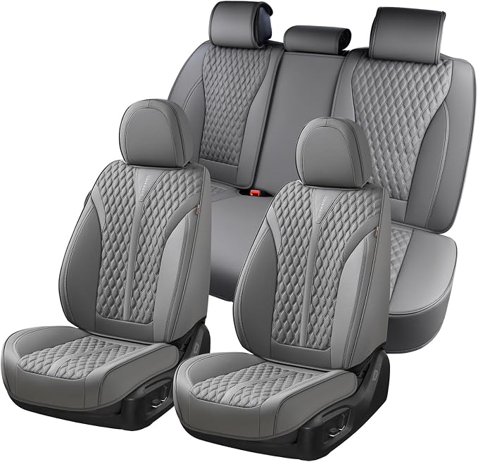 Coverado Leather Seat Covers, Car Seat Covers Full Set, Waterproof Seat Covers 5 Seats, Front and Back Car Seat Protector, Gray Car Seat Cover Universal Fit for Most Cars Suvs Trucks