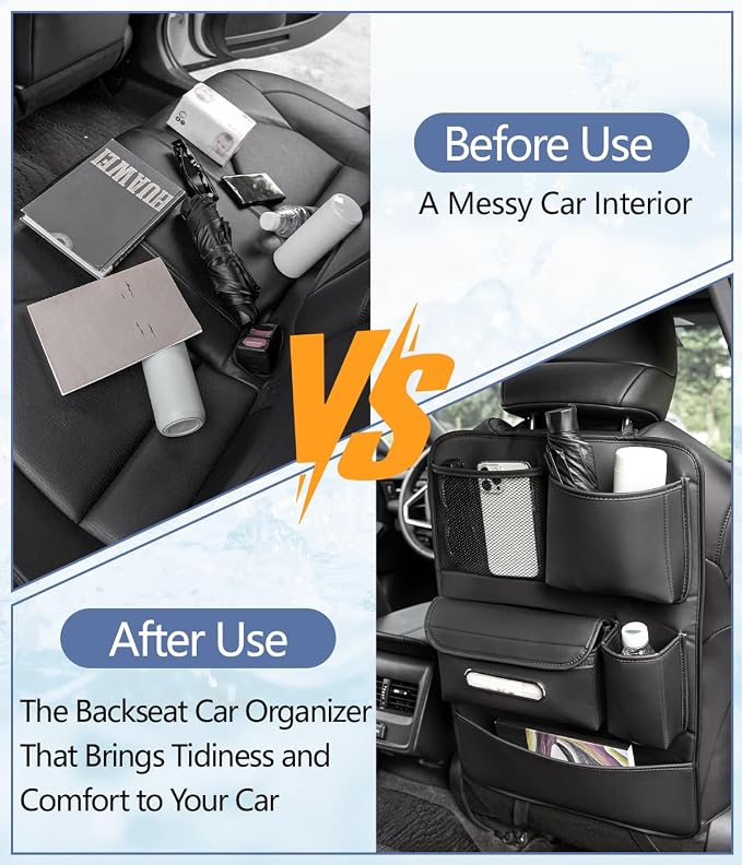 Backseat Car Organizer Including Tissue Holder, Car Interior Organization for Phone Sunglasses Cup Charger Umbrellas, Seat Anti-dirty Protection Pad, Multifunctional Leather Auto Accessories