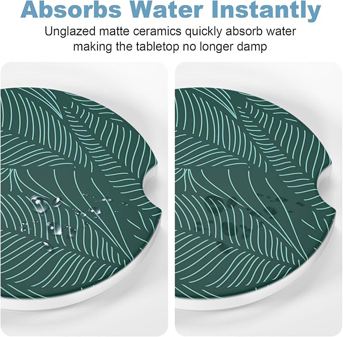 2 Pack Car Cup Holder Coasters, 2.63 inch Anti Slip Insert Absorbent Ceramic Coasters with Cork Base and Finger Notch, Cute Car Accessories Interior for Women